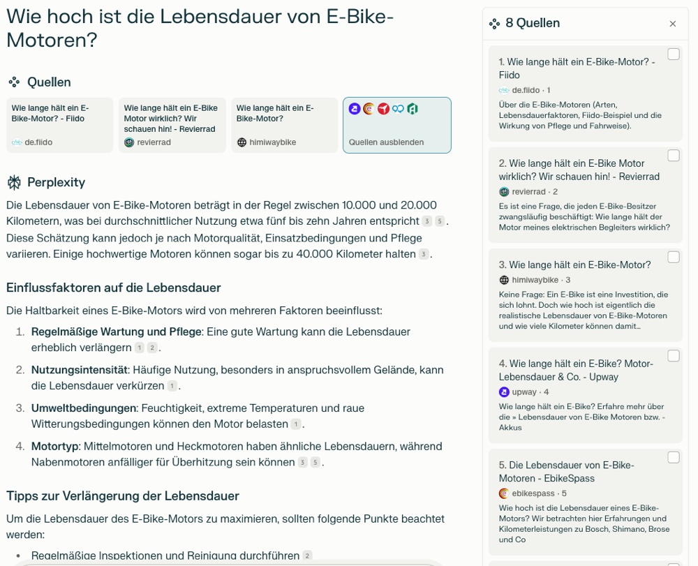 KI Suchmaschine Perplexity.ai mit Antworten und Quellen - Inkl. ebikespass.de