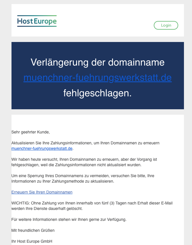 Phishing Mail, angeblich von HosEurope
